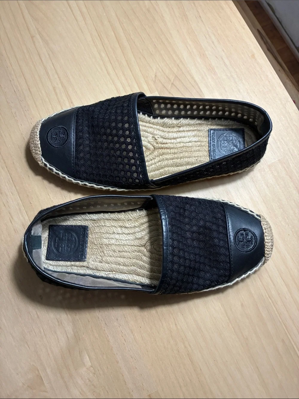 Tory Burch Grenada A-Line Espadrille Flat Loafers Mesh & Leather Cap Toe T Logo